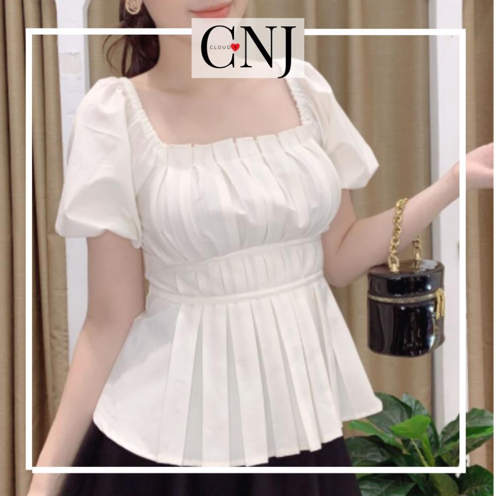 Áo Peplum Nữ Trắng Xếp ly 💝 Áo sơ mi cổ vuông Nữ Tay bồng siêu dễ thương