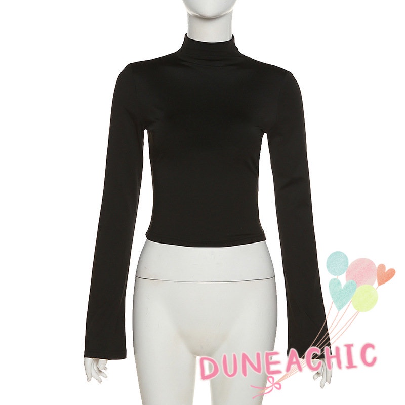 DUNEA Áo Thun Tay Dài Cổ Cao Hở Lưng Màu Trơn Phong Cách Thời Trang Đường Phố Cho Nữ