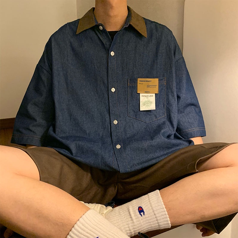 Áo sơ mi Denim tay ngắn dáng rộng phong cách Vintage thời trang cho nam | BigBuy360 - bigbuy360.vn