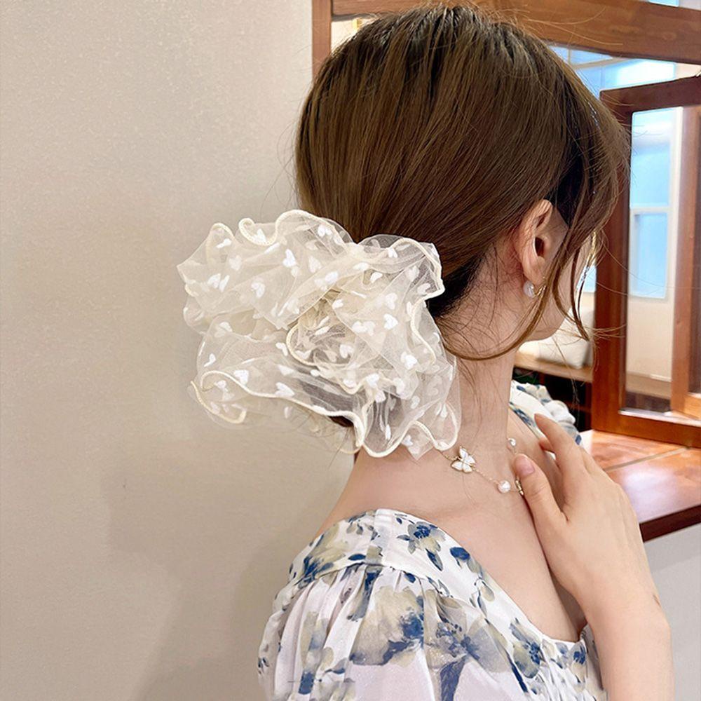 Dây Cột Tóc Phối Lưới Họa Tiết Trái Tim / Chấm Bi Xinh Xắn Ngọt Ngào Cho Nữ WMES15H