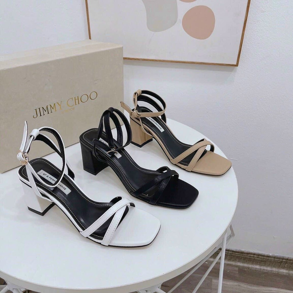 Sandal da mịn dây chéo gót trụ vuông -7P