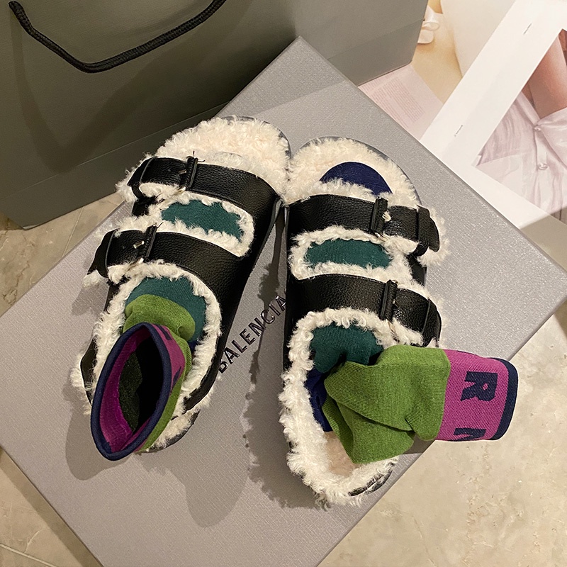 Giày sandal đế phẳng dày dặn lót lông cừu thời trang Hàn Quốc 2022 dành cho nữ tùy chọn màu sắc