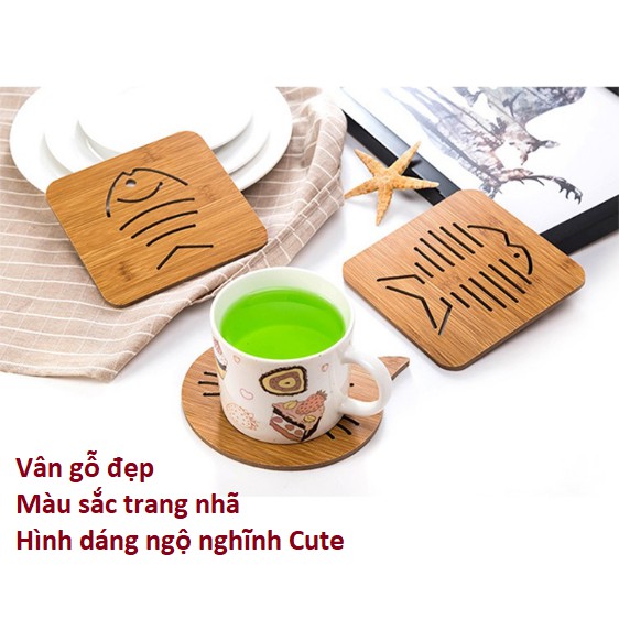 Combo 5 Miếng lót nồi bằng gỗ, lót cốc chén cách nhiệt chống nóng siêu cute