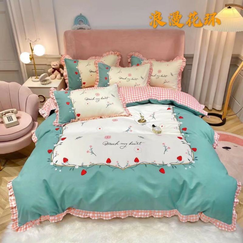 Trọn bộ Chăn Ga Gối Cotton 4 món viền Bèo, Chăn đã Chần Bông đủ kích cỡ