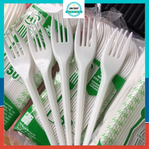 Nĩa nhựa dùng 1 lần gói 50 chiếc, dĩa nhựa trắng ăn tiện lợi LINHMART