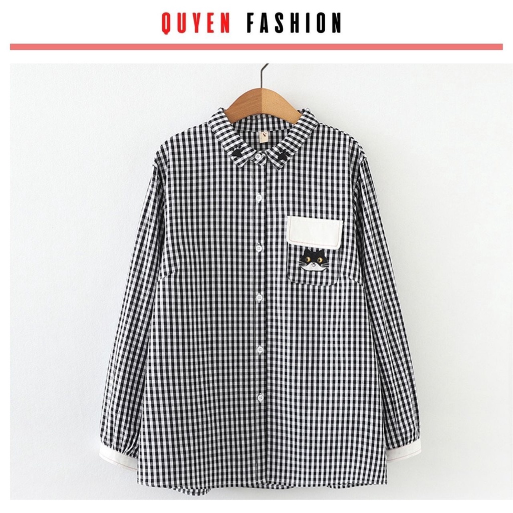 Áo sơ mi công sở nữ thêu hình mèo xinh xắn QUYÊN FASHIO AA553, áo kẻ xanh, đen thanh lịch