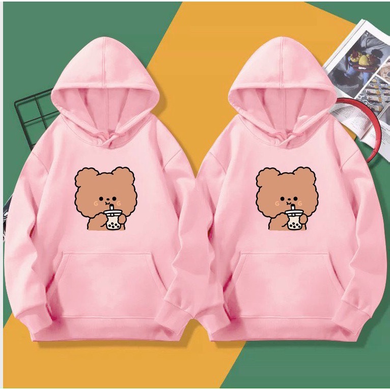 ÁO HOODIE NỈ PHOM NAM NỮ IN GẤU UỐNG TRÀ SỮA CỰC ĐẸP