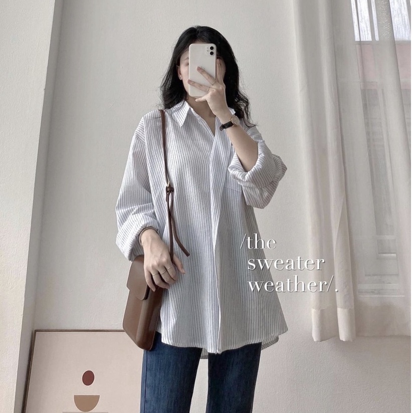 Áo sơ mi kẻ dài tay Hàn Quốc oversize siêu đẹp, áo sơ mi sọc tay dài vạt chéo