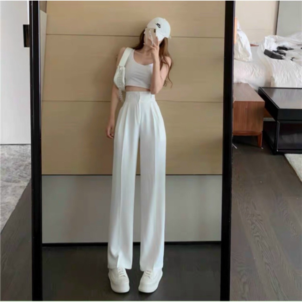 Quần Ống Rộng Cạp Cao 2 Cúc,Quần Ống Suông Lưng Cao Kiểu Hàn Quốc Trẻ Trung Đơn Giản Thời Trang Cho Nữ