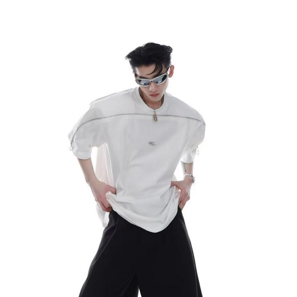 Áo Thun Trơn Màu Thiết Kế Khóa Kéo Kim Loại Thời Trang hip hop Hàn Quốc Trẻ Trung Cho Nam