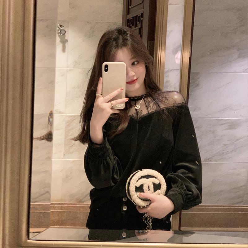 COZOK Áo Thun Tay Dài Cổ Đứng Phối Ren Thời Trang Thanh Lịch