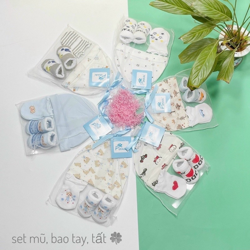 Set quà tặng - Nón, bao tay chân vải cotton len đáng yêu cho bé.