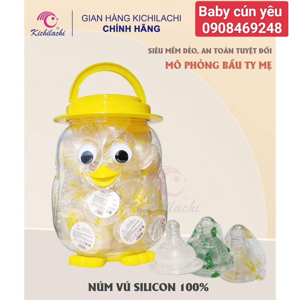 Núm ty, núm vú silicon siêu mềm cổ hẹp Kichi Kichilachi   - Sử dụng đc cho hầu hết bình sữa cổ hẹp