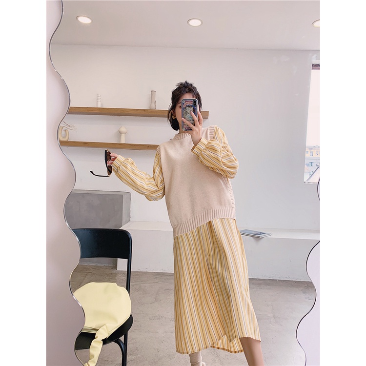 Váy Suông Đầm Suông A2400 set váy soc vàng+ gile be
