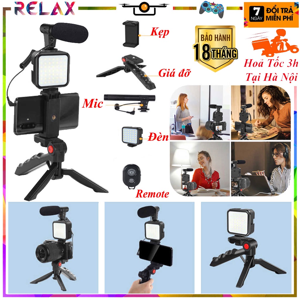 Giá đỡ điện thoại 3 chân live stream có đèn chiếu sáng KIT 01-LM, Gậy live stream trang bị micro thu âm nhạy bén