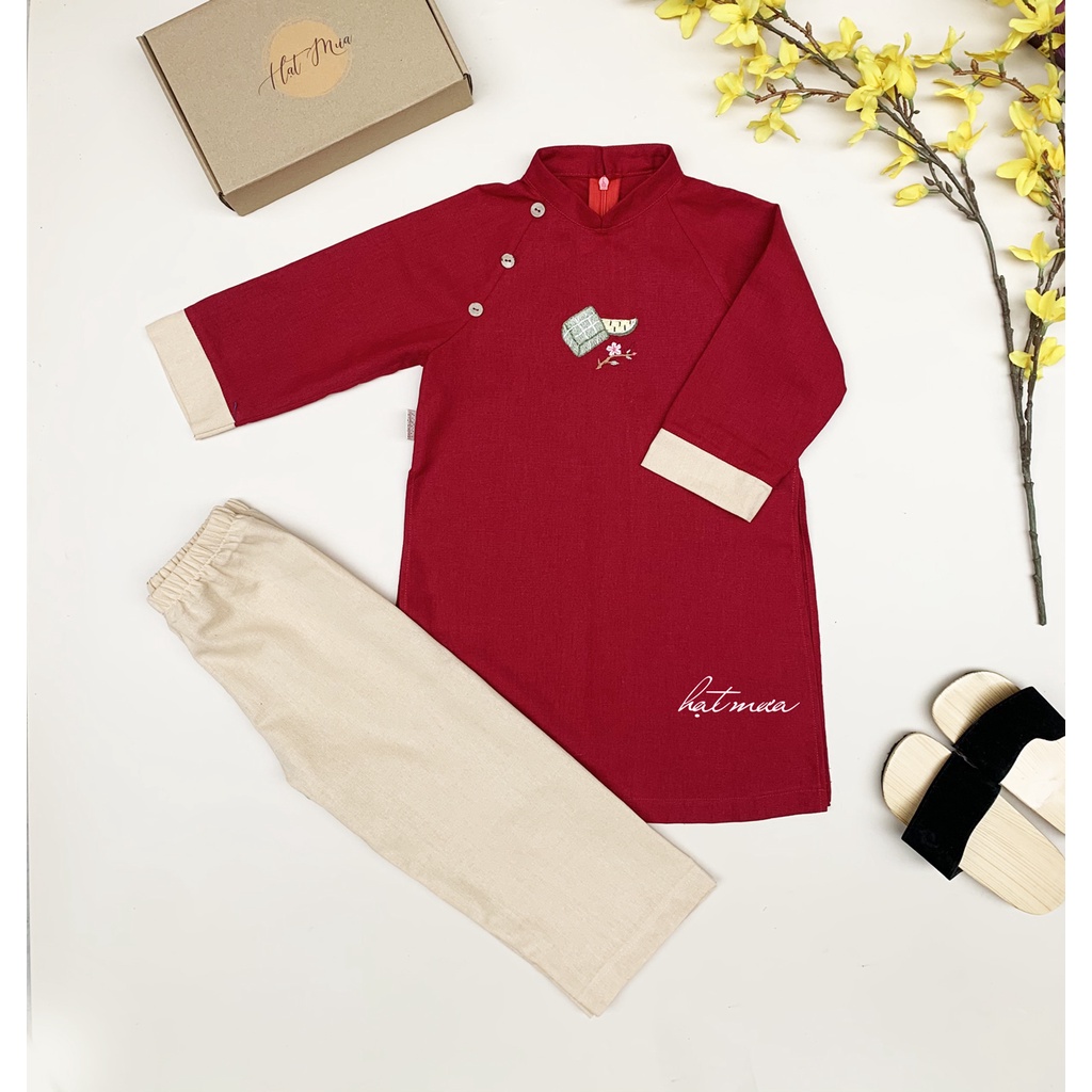 Áo dài bé gái Thanh Trúc thêu tay vải linen mềm mịn màu đỏ đô (kèm quần linen màu be)