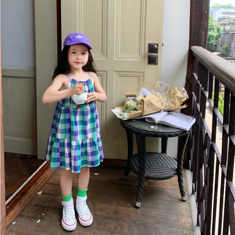 Đầm Hai Dây Đi Biển Họa Tiết Caro Phong Cách Hàn Quốc Thời Trang Mùa Hè Cho Bé Gái