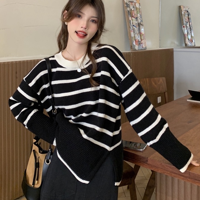 Áo sweater ZHELIHANGFEI tay dài dáng rộng thiết kế xẻ tà bên hông họa tiết kẻ sọc ngang thời trang trẻ trung