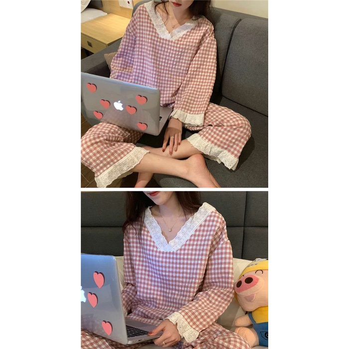 Bộ đồ ngủ tay dài cổ chữ V phối ren dáng rộng phong cách Hàn Quốc thời trang mùa hè cho nữ