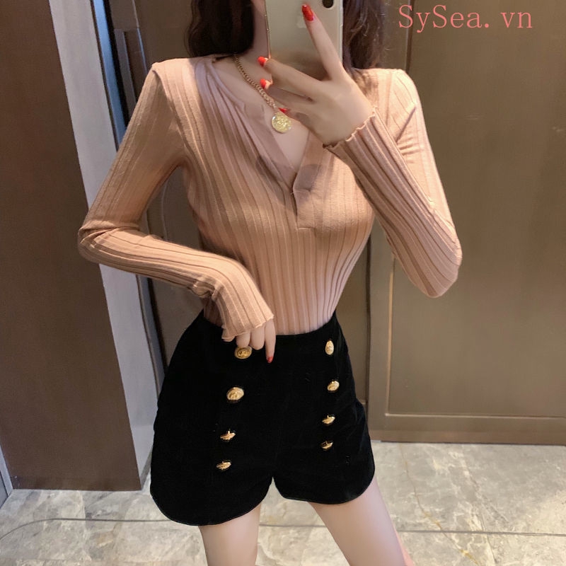Áo Dệt Kim Tay Dài Cổ Chữ V Gợi Cảm Thời Trang Cho Nữ