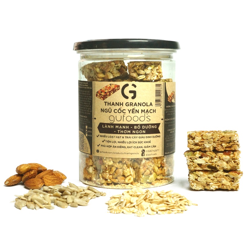 Thanh granola ngũ cốc yến mạch GUfoods - Giàu chất xơ &amp; protein, Lành mạnh, Bổ dưỡng (40g/100g/250g/440g)