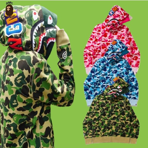 Áo Khoác Bape, Hoodie Jacket Bape Shark Camo 2 mũ fullzip SS2021, Chất liệu Cotton, 3 màu Camo BapeVN