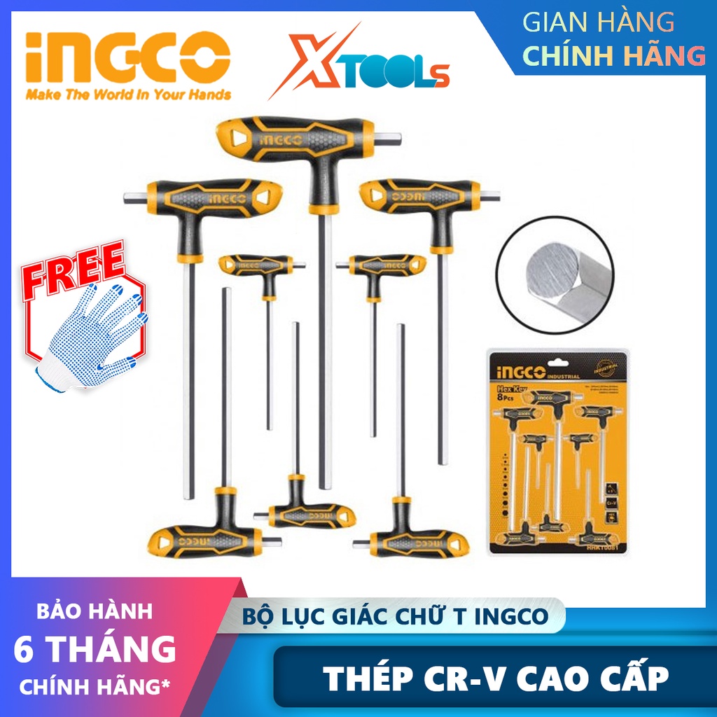 Bộ lục giác chữ T INGCO HHKT8082 tay vặn chữ T Chất liệu CR-V, chiều dài 200x310mm, tay cầm mạ crom cần xiết chữ T, dụng