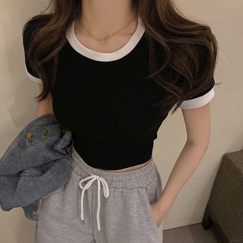 Áo thun croptop tay ngắn cổ tròn ôm dáng phong cách Hàn Quốc dành cho nữ
