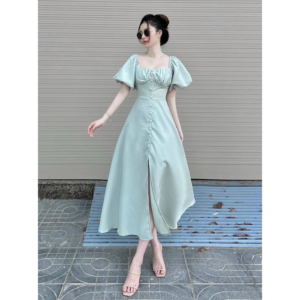 Đầm nữ cổ vuông tay phồng nút bọc Mity Dress