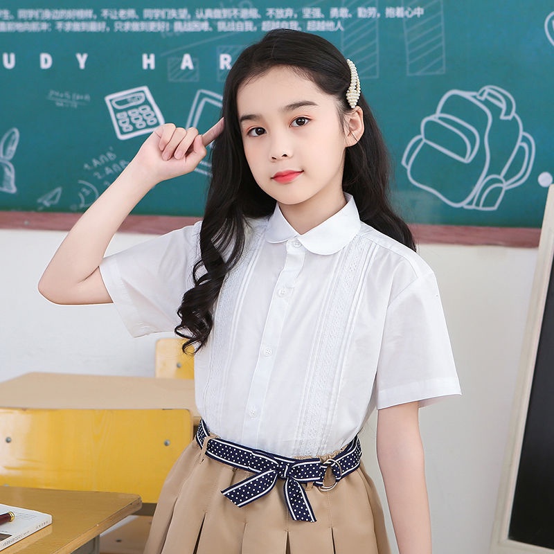 Áo Sơ Mi Trắng Tay Ngắn Phối Ren Thắt Nơ Phong Cách Phương Tây Dành Cho Nữ Sinh Tiểu Học