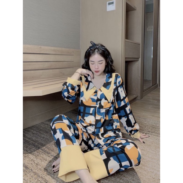 Bộ pijama cỏ nhọn 2 lá tay dài quần dài vải lụa mango , bộ ngủ thiết kế pijama