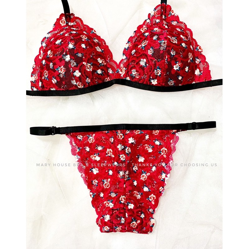 Set Bralette Ren Mút Ngực Quần Tam Giác Đỏ Hoa Mary House Bra & Sleepwears | BigBuy360 - bigbuy360.vn