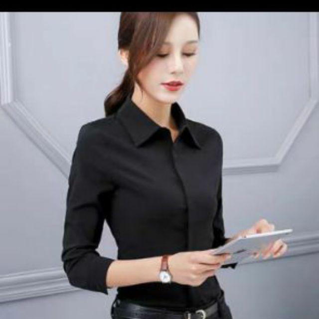 Áo sơ mi nữ màu đen tay dài form nhỏ  hàng cao cấp form ôm nhỏ đẹp vải kate ý sang trọng ít nhăn giãn nhẹ SMDTD01
