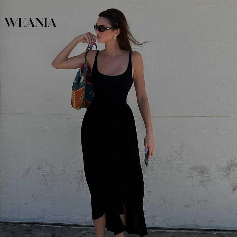 Đầm sát nách WEANIA cổ chữ u màu trơn thiết kế đơn giản thời trang cho nữ