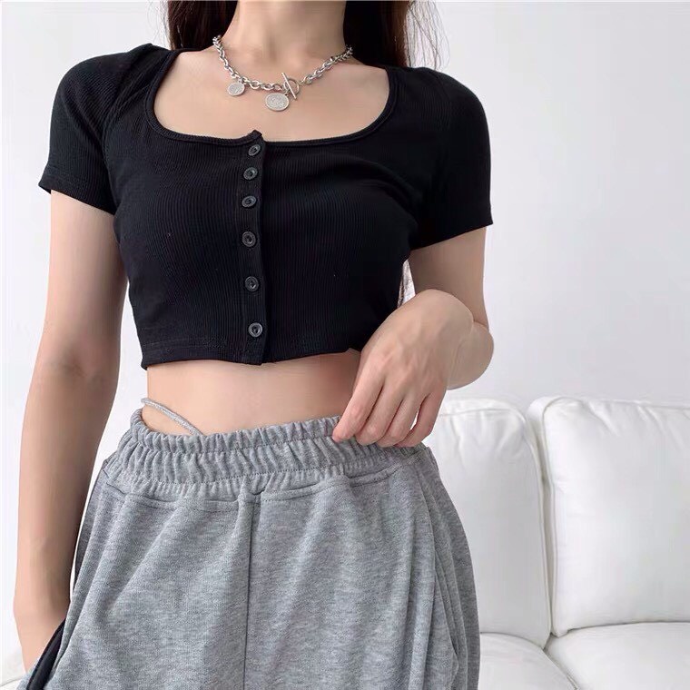 Áo croptop kiểu tay ngắn cài cúc sexy , croptop nữ vải thun gân phong cách hàn quốc