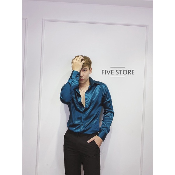 Áo sơ mi lụa xanh navy