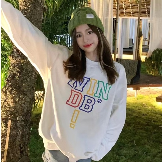 ZHELIHANGFEI Áo Sweater Cổ Tròn In Chữ Phối Màu Cầu Vồng Kiểu Retro Mỹ Dễ Thương