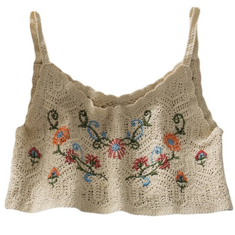 Áo Croptop Dệt Kim Hai Dây Mảnh Cổ Chữ V Thêu Hoa Phong Cách Boho Thời Trang Đi Biển Mùa Hè Cho Nữ