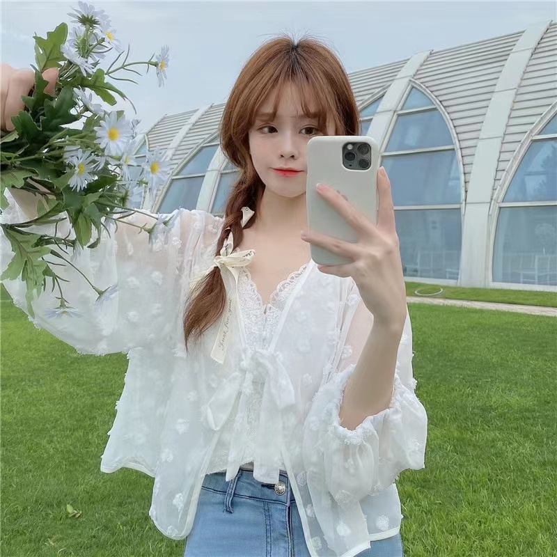 Áo Nữ Tay Dài Dáng Rộng Họa Tiết Chấm Bi Thời Trang Xinh Xắn