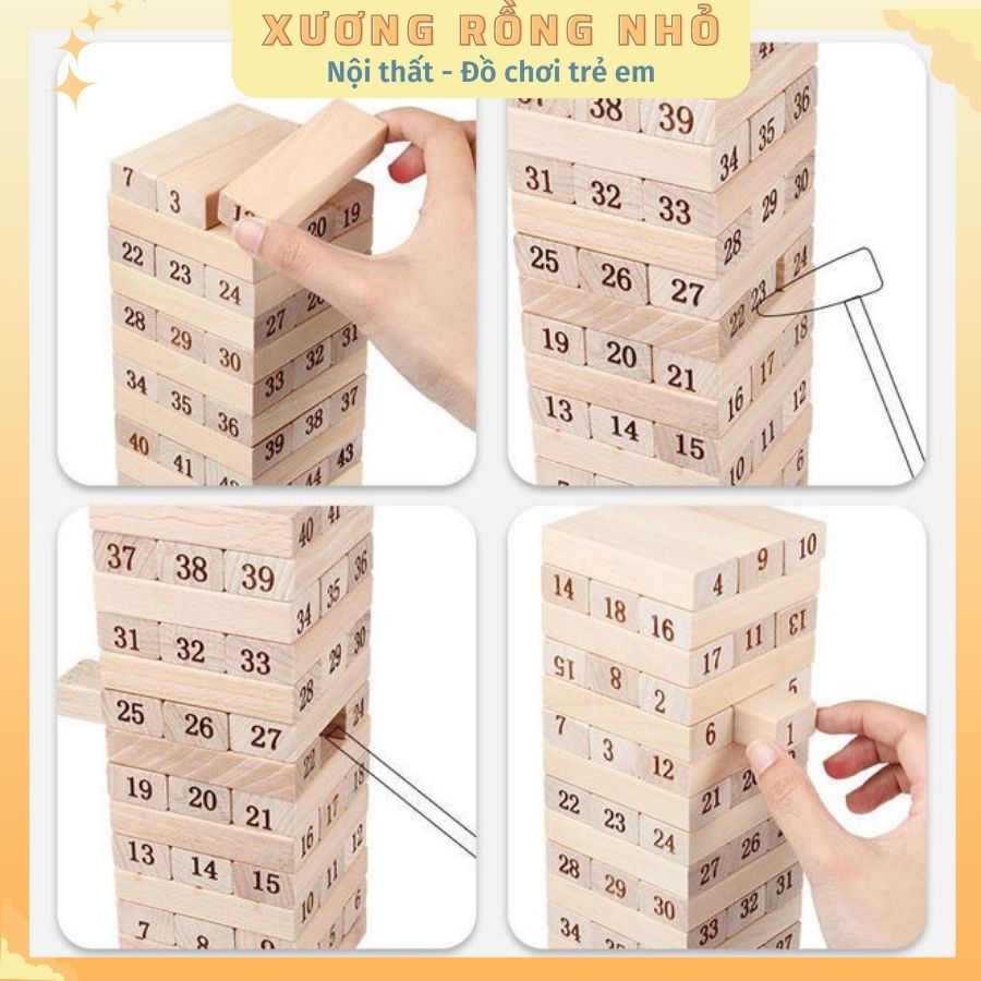 Bộ đồ chơi rút gỗ 48 thanh - kèm 4 xúc xắc gỗ (Loại To)- Xếp Hình Domino Xả Stress bằng gỗ thông tự nhiên,Xương Rồng Nhỏ
