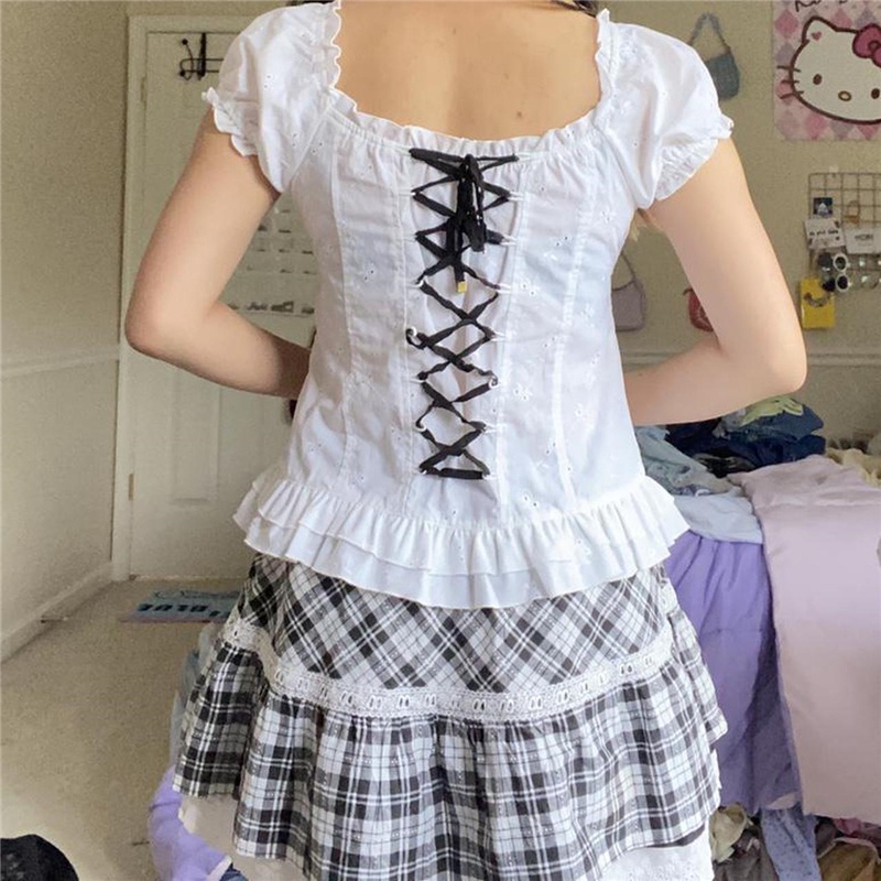 Áo Thun Tay Ngắn Cổ Chữ U Thắt Nơ Sau Lưng Phong Cách Ngọt Ngào Cho Nữ Y2K