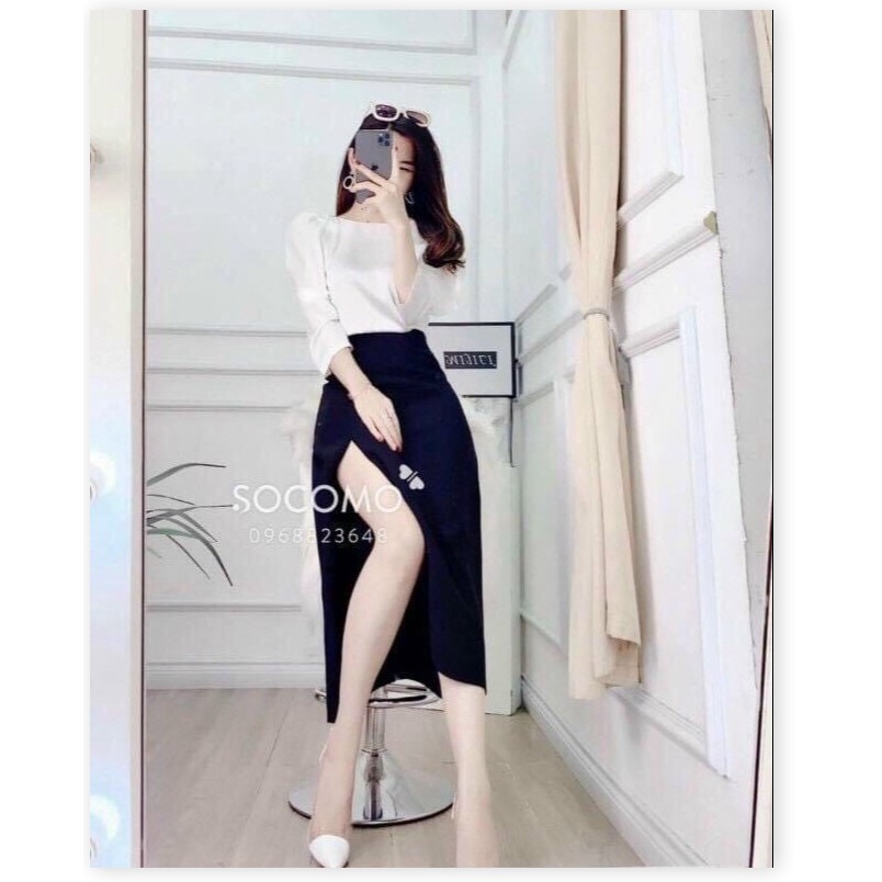 Set đầm công sở nữ áo trắng tay dài cổ tròn, chân váy xẻ tà sang chảnh, thích hợp để đi làm, đi chơi, lên for