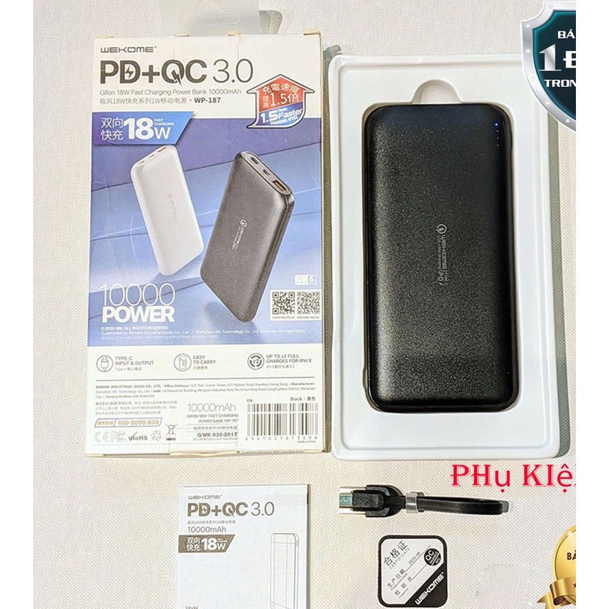 Sạc dự phòng PD18W +QC3.0 chính hãng, Pin Sạc Dự Phòng WP-187 20W 10000mAh Sạc Nhanh PD 18W