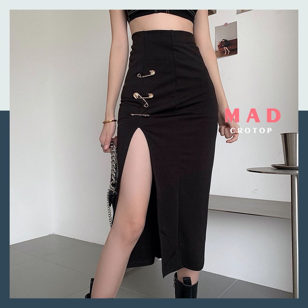 Váy Bó Dài Xẻ Đùi Gắn Kim Băng Vàng Tiểu Thư Nhún Cá Tính MadCrotop VM106