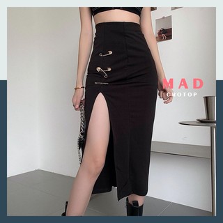 Váy Bó Dài Xẻ Đùi Gắn Kim Băng Vàng Tiểu Thư Nhún Cá Tính MadCrotop VM106