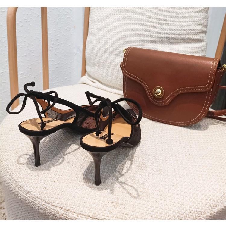 Giày Cao Gót Mũi Nhọn Cột Dây Hở Lưng Họa Tiết Chấm Bi Phong Cách Pháp 2022 Thời Trang Cho Nữ
