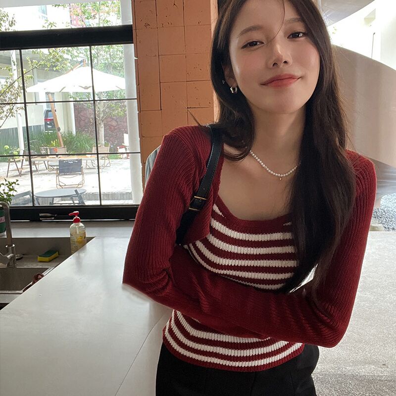 Áo dệt kim ZHELIHANGFEI giả hai lớp tay dài phối họa tiết sọc eo cao gợi cảm dễ phối đồ