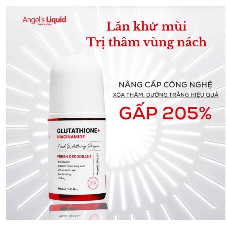 Lăn khử mùi mờ thâm dưỡng trắng da Angel Liquid Glutathione plus Niacinamide Fresh Deodorant 60ml