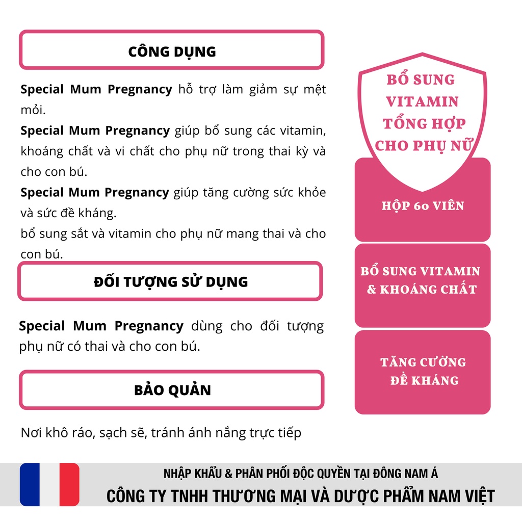 Viên Special Mum Pregnancy ♥ Bổ sung Vitamin tổng hợp cho mẹ bầu trước và sau sinh ♥ Hộp 60 viên nén [Eric Favre - Pháp]