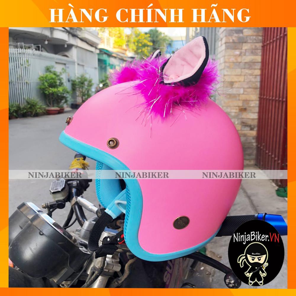 Nón bảo hiểm 3/4 hồng lót xanh gắn tai thú hồng nhạt lông hồng đậm